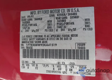 2002 Ford F-150 Lariat/Xl/Xlt z USA, uszkodzony, nr VIN 1FTRX08W92KA41519